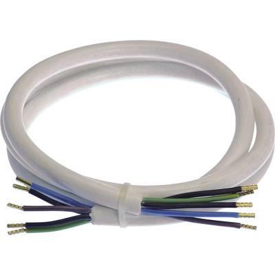 A bundle of multiple electrical cables in a white sheathing. The cable ends are colour-coded and bare.
