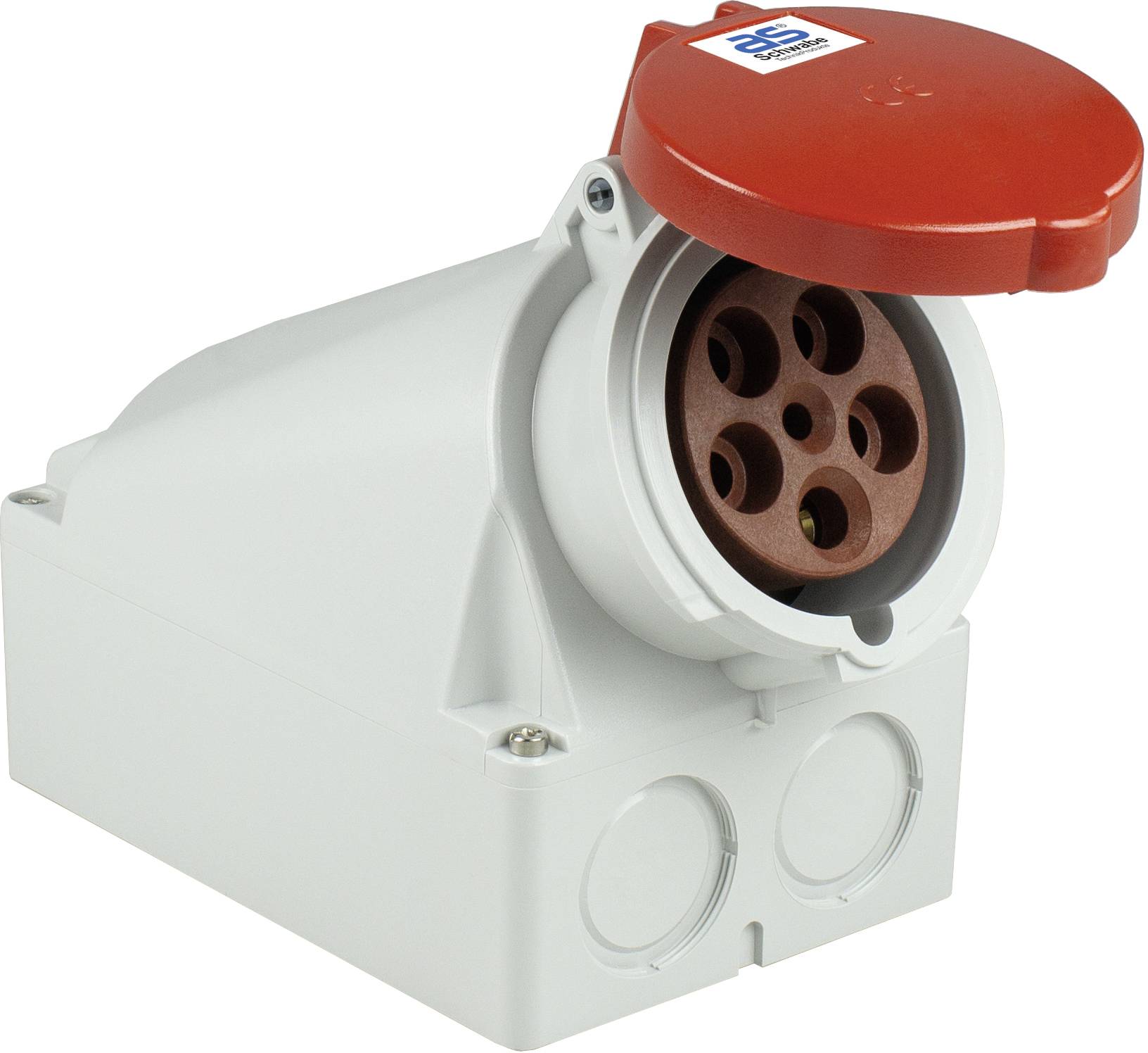 A white, rectangular electrical socket housing with a red cover is visible at an angle of approximately 45 degrees.