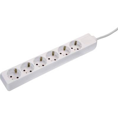 A white, six-socket extension lead with power cord, suitable for simultaneously connecting multiple electrical devices.