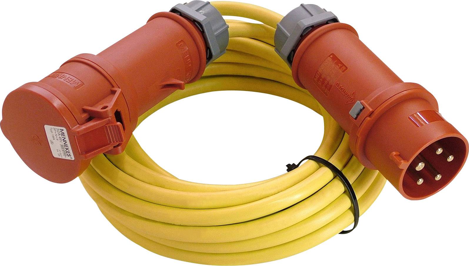 Red electrical extension cable with yellow outer sheathing and red three-pin plugs at both ends, suitable for industrial applications.