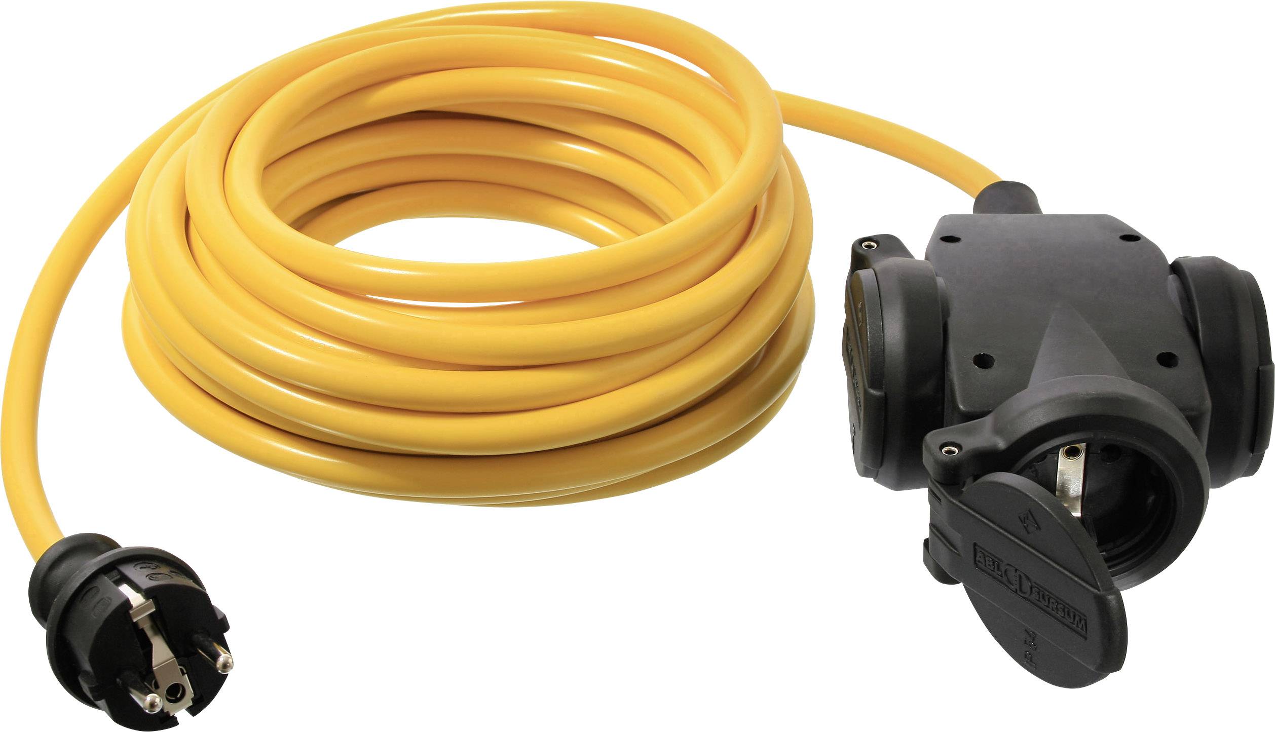 Yellow extension lead with black plug and three power sockets. Ideal for outdoor use and construction work.