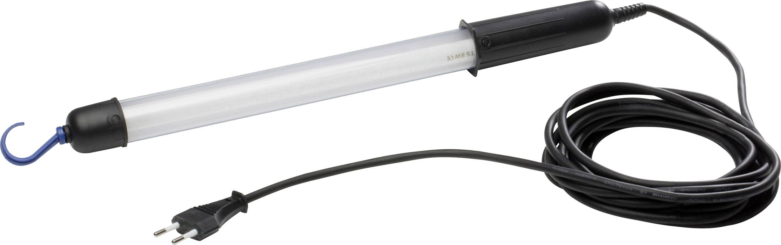 A portable work light with a long cable and protective plug. Ideal for use in workshops or dark areas.
