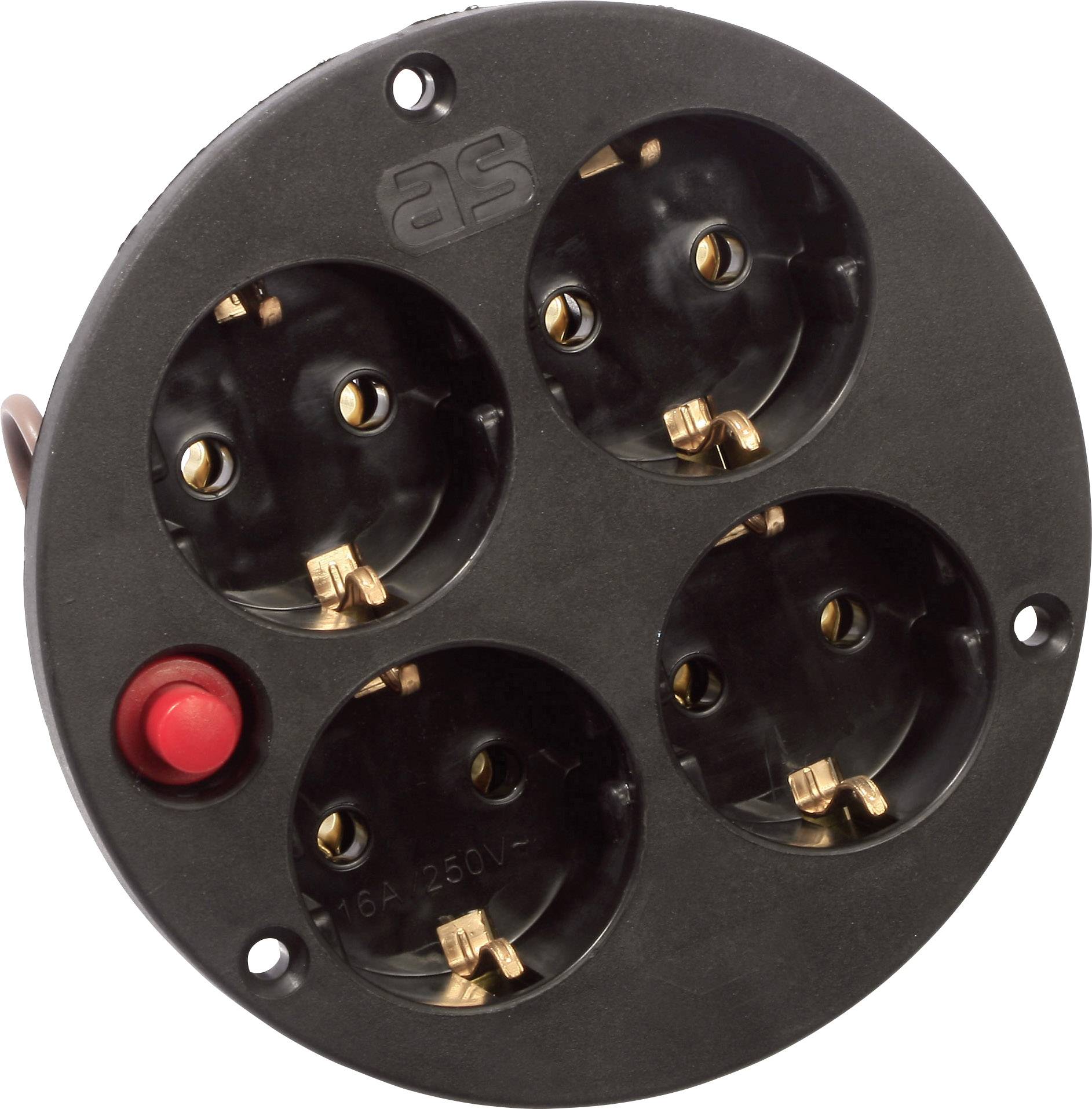 'Round power strip with four black socket outlets and a red switch, suitable for 16A, 250V.'