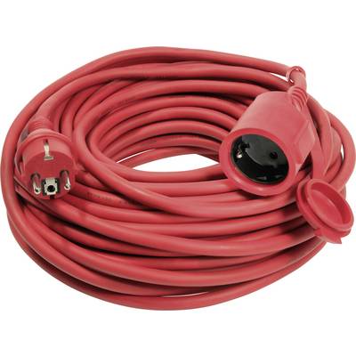 A long, red extension lead with a plug and socket, coiled and ready for use with electrical connections.