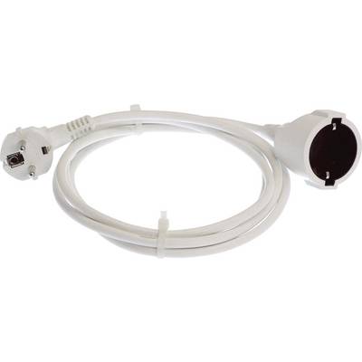 A white extension lead with two plugs, featuring a male Schuko plug and a female socket, coiled into a loop.