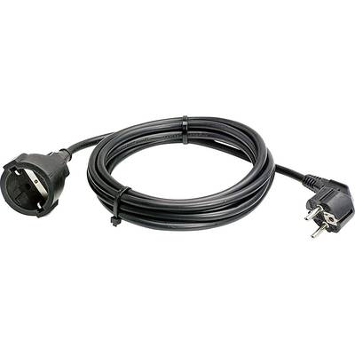 A black extension lead with a socket on the left side and a plug on the right side, coiled up.