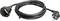 A black extension lead with a socket on the left side and a plug on the right side, coiled up.