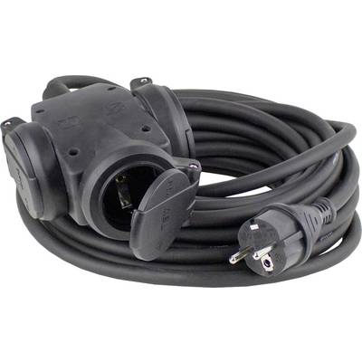 'Black extension cable reel with three plug sockets and a Schuko plug. Ideal for use indoors and outdoors.'
