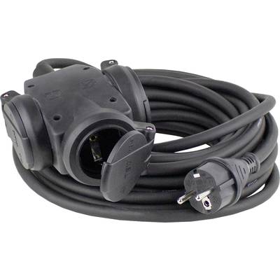 A black extension lead with three plug sockets and one plug; ideal for operating multiple devices in one location.