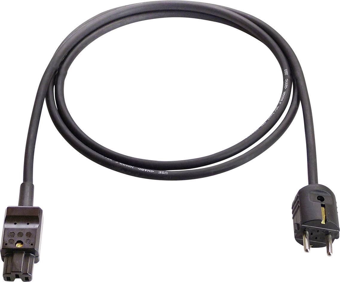 A black mains cable with an IEC connector and a Schuko plug, suitable for connecting devices to a power source.