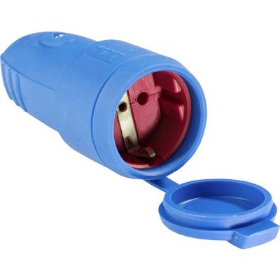 Blue, round protective contact coupling with protective cap, suitable for electrical connections in industrial or construction environments.
