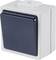 A grey, rectangular light switch with a dark blue cover, suitable for outdoor use, IP54 protection rating.