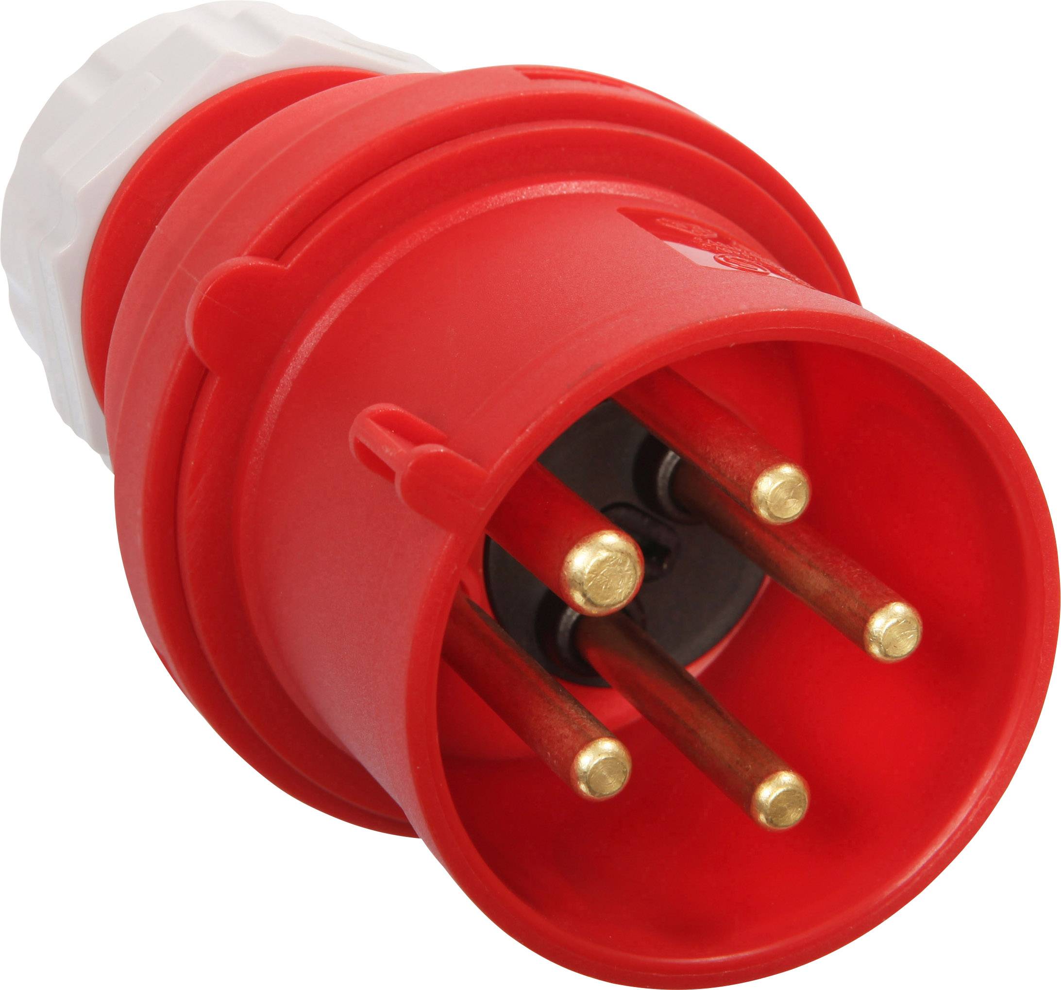 Red three-phase power plug with five metal pins, typically used for industrial applications, on a white background.