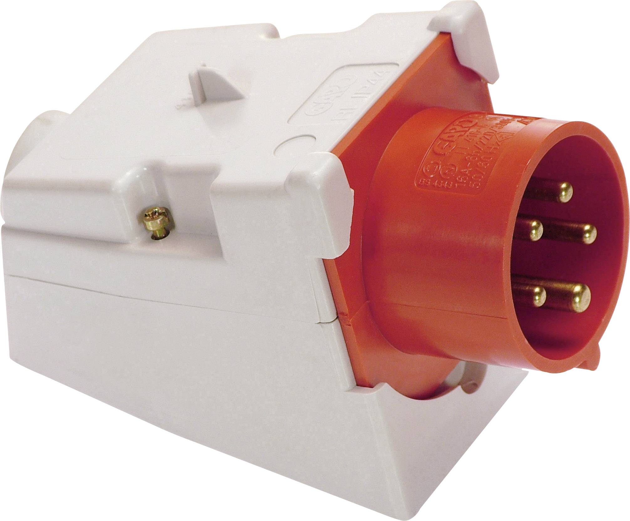 A red, five-pin plug in a white housing for industrial applications.