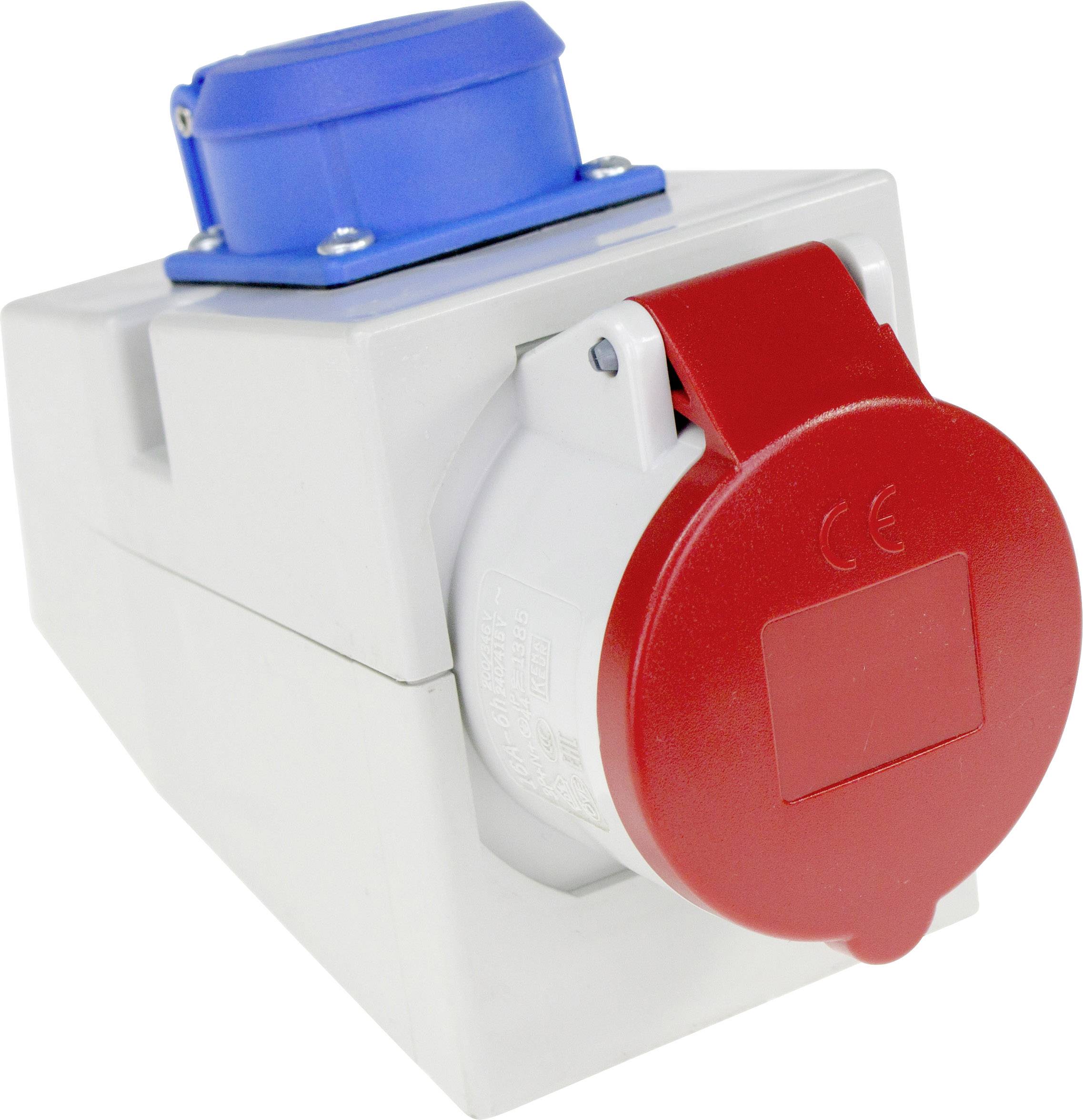 A white enclosure with a blue and red CEE socket, typically used for industrial applications and high-current equipment.