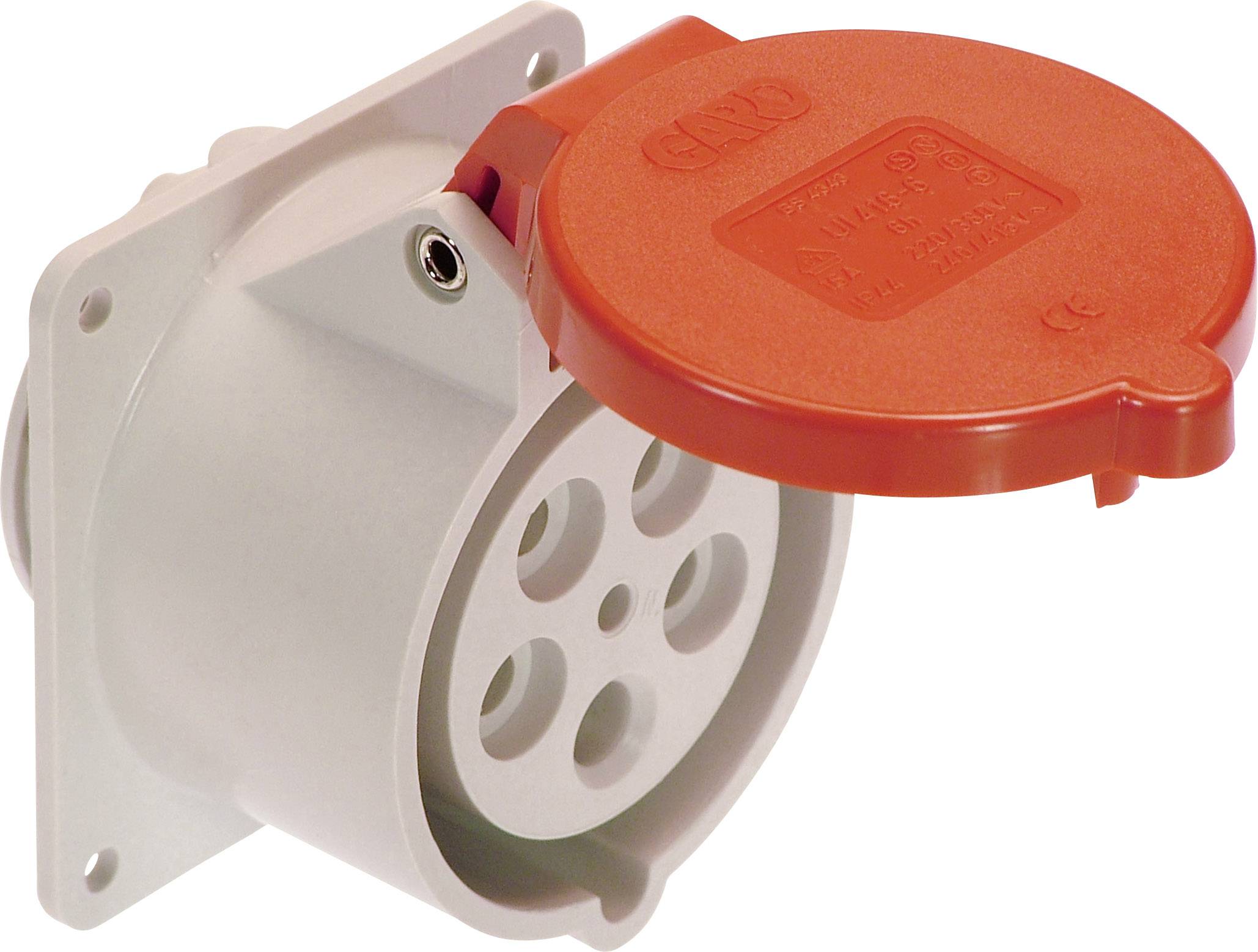 Round red socket with protective cover, suitable for industrial use. It features four outlets and is wall-mounted.