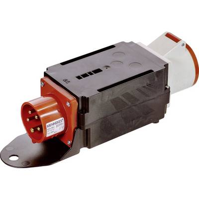 A red industrial plug with five pins is integrated into a black housing. A label with the brand is visible on the plug.