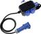 Black power distribution unit with three blue sockets and a blue connection plug, connected by a black cable.