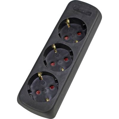 Three black plug sockets on a multi-socket extension lead, suitable for connecting multiple devices to a power source.
