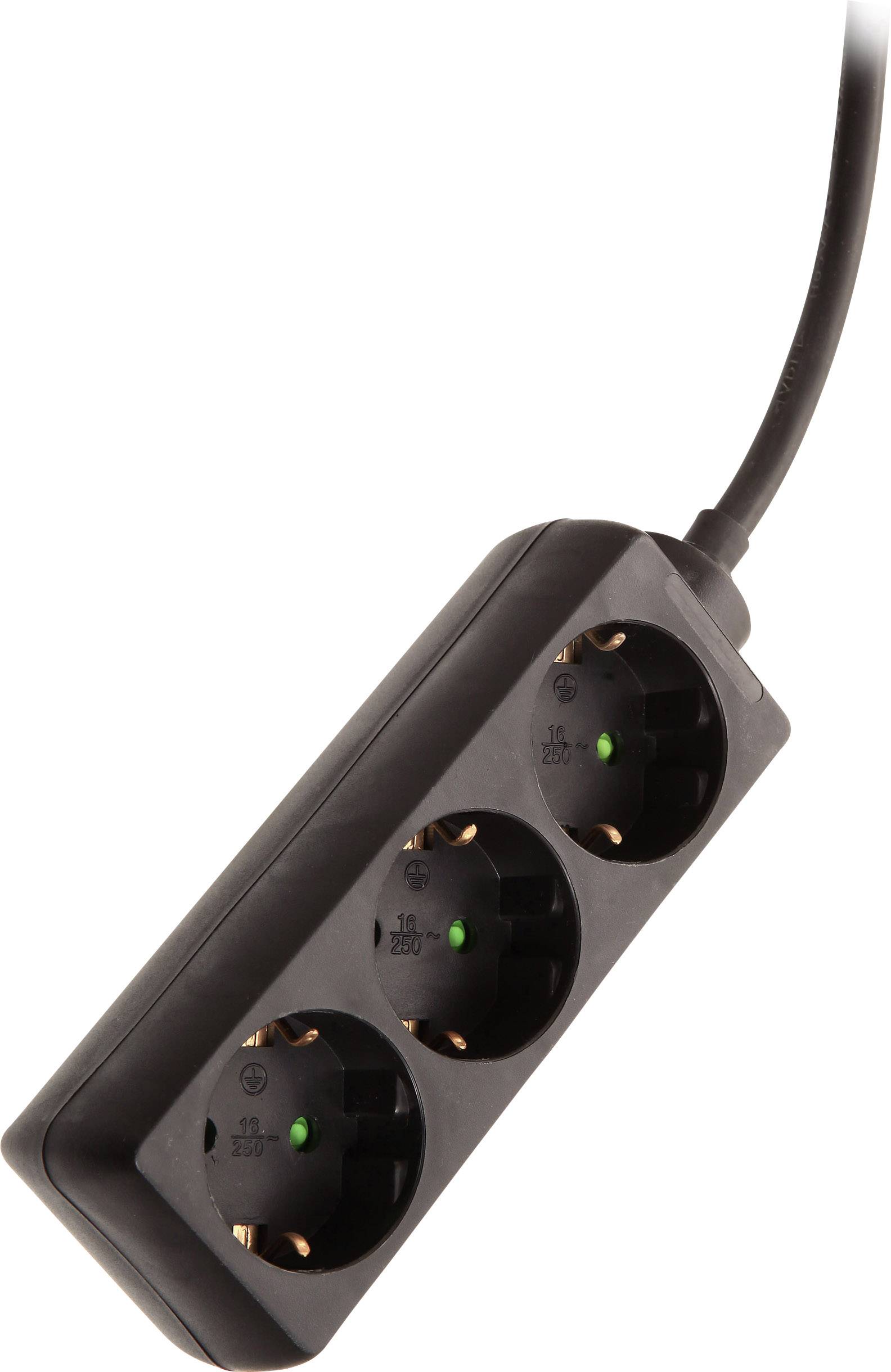 'Black triple socket strip with cable, all socket outlets have a green indicator light.'