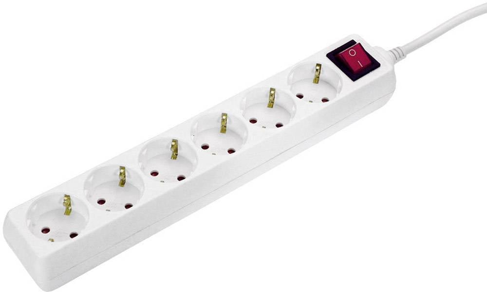White six-socket extension block with a red power switch.