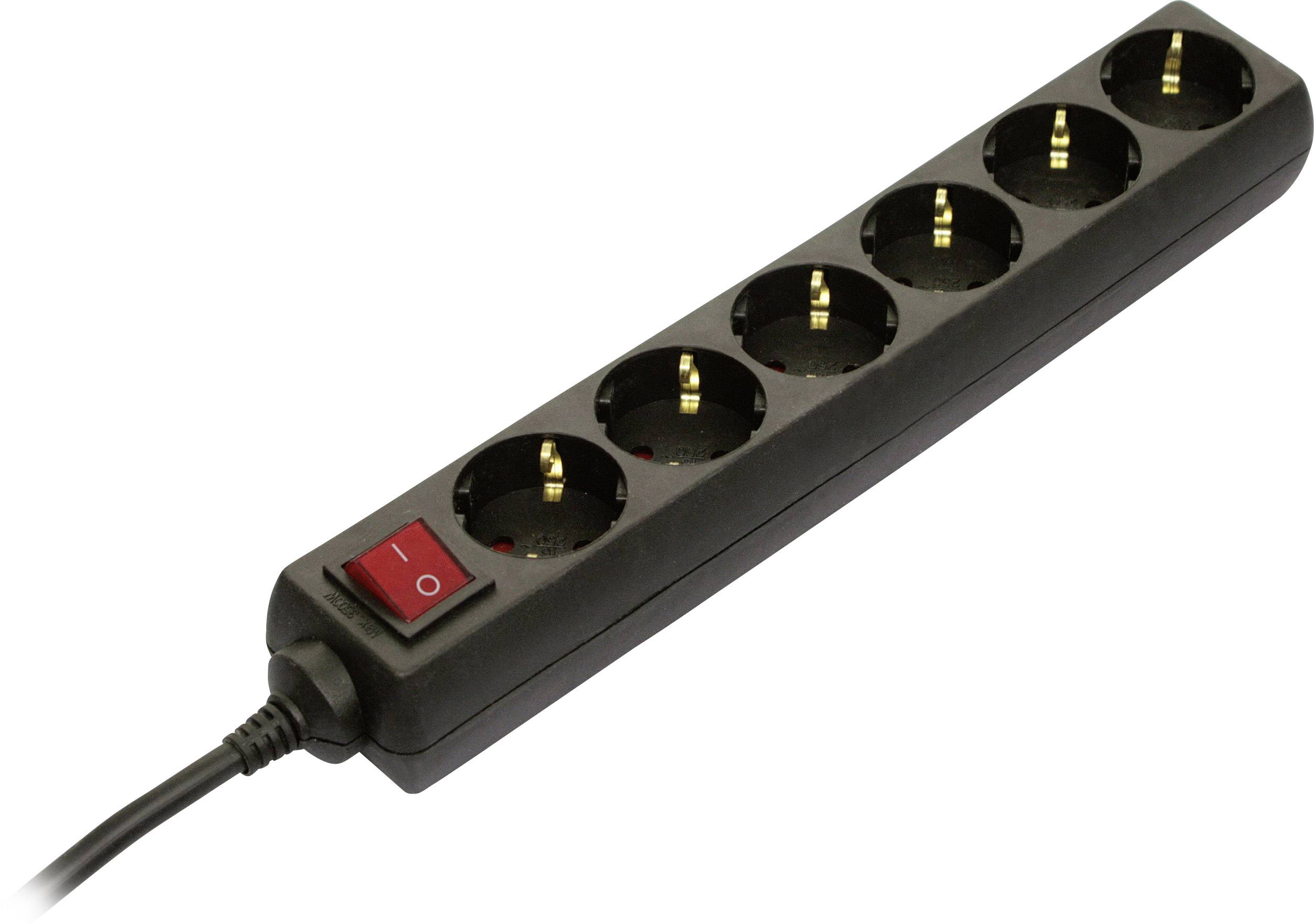 A black power strip with six sockets and a red on/off switch.