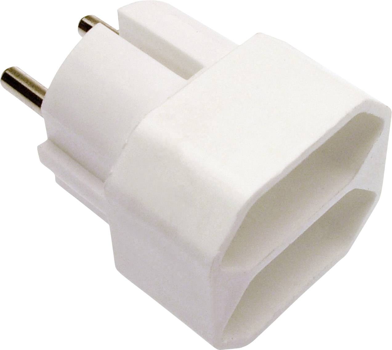 A white, two-pin plug adaptor for European sockets, primarily suitable for connecting electrical appliances.