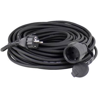 A long black extension lead with a European plug and socket, coiled and ready for use.