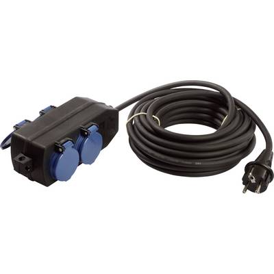 'Black cable reel with multiple blue sockets and long cable for power supply.'