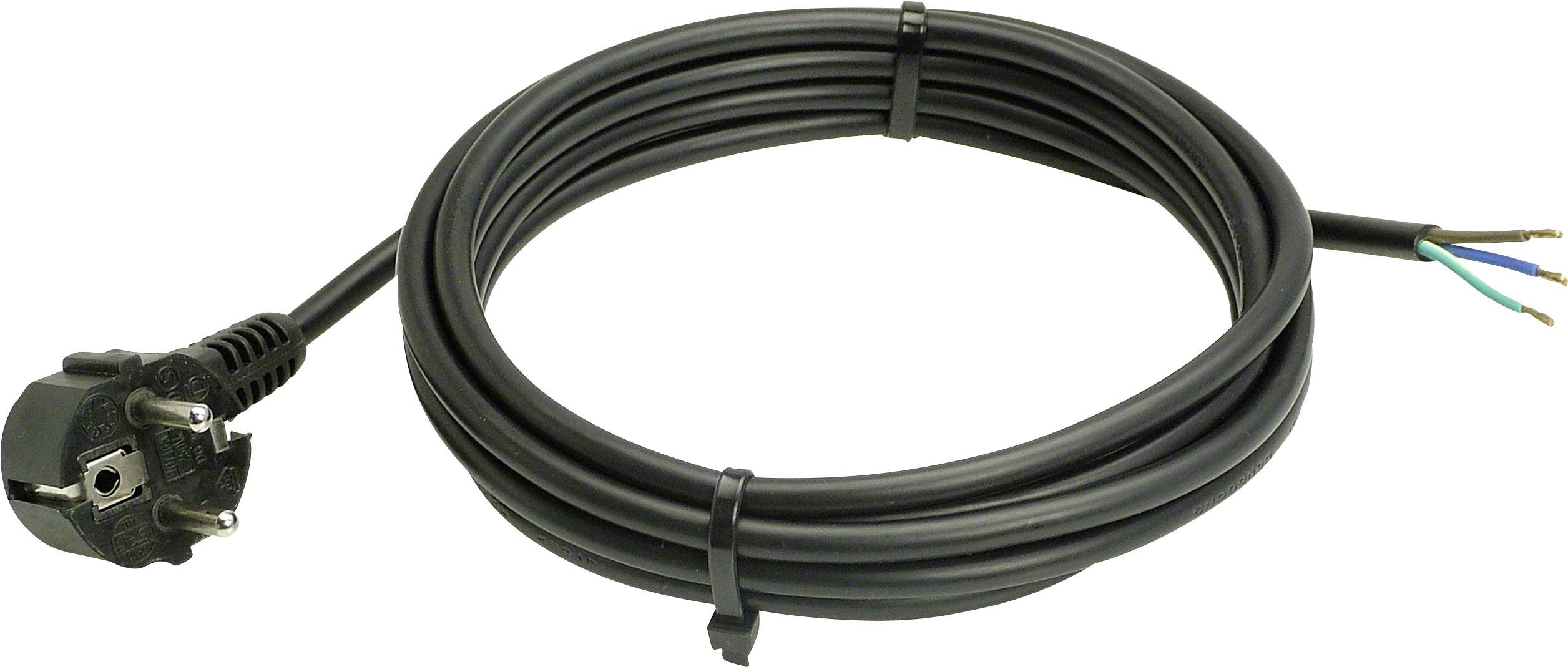 A black network cable with a European plug on one end and open ends on the other, coiled and secured with cable ties.