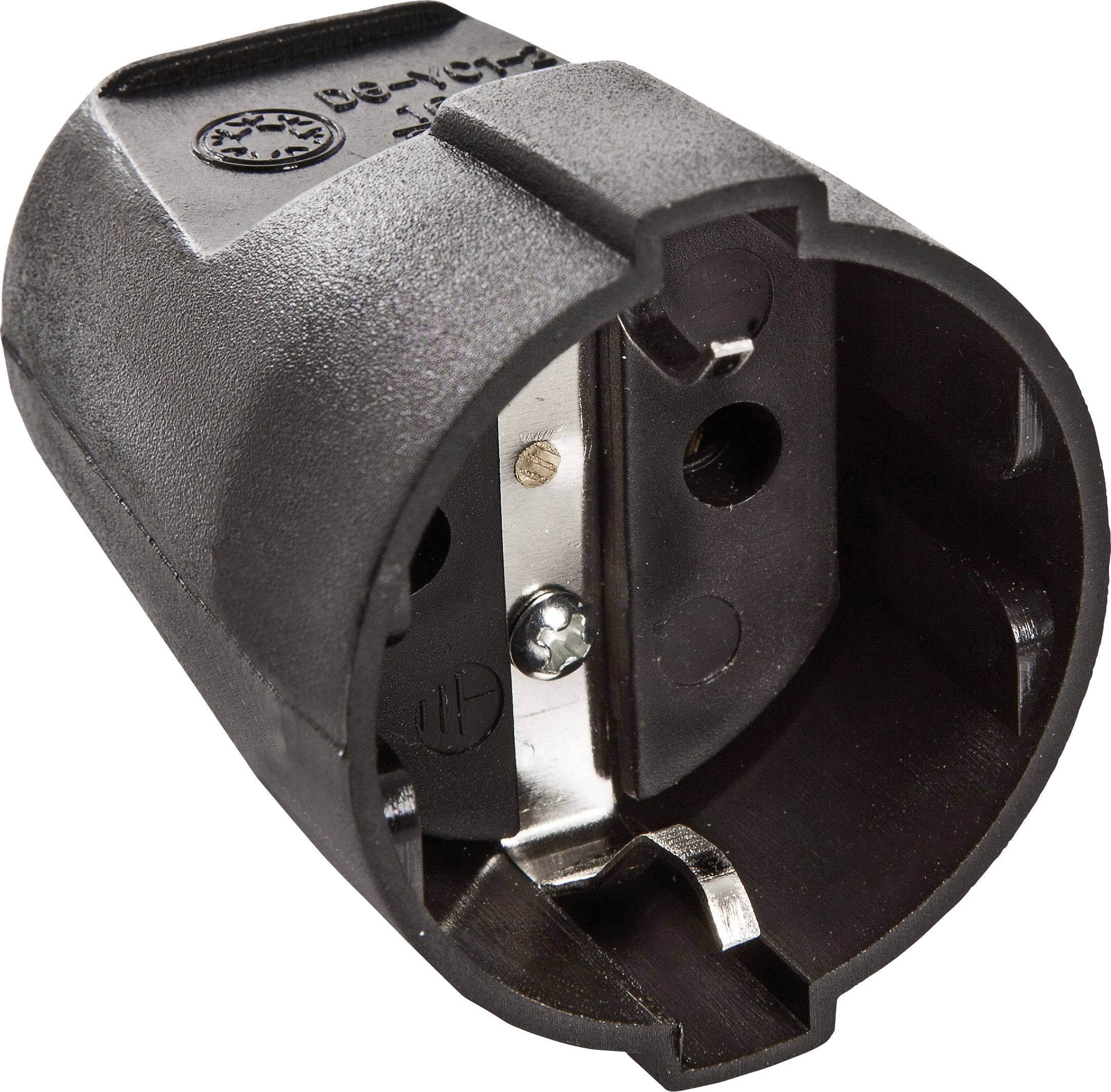 Black adaptor plug; converts round to flat pins. Primarily used for electrical devices in different countries.