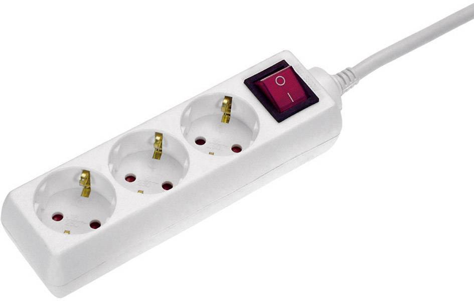 White socket strip with three sockets and a red power switch located in the top right corner.