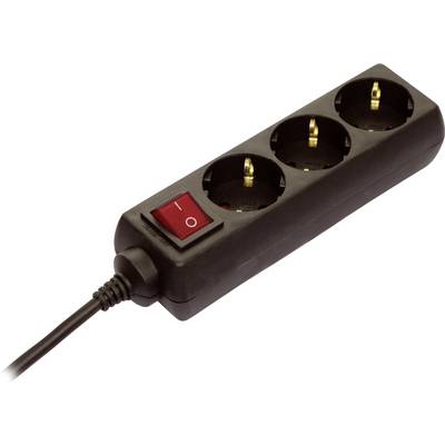 A black multi-socket extension with three plug sockets. On the left is a red rocker switch for turning on and off.