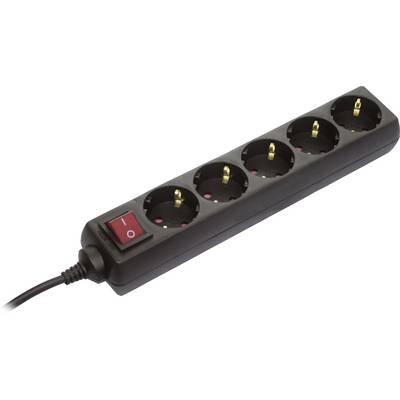 A black multi-socket extension lead with five sockets and a red power switch on the side, connected to a cable.