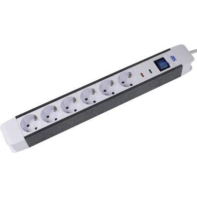 A white six-socket power strip with a blue rocker switch.