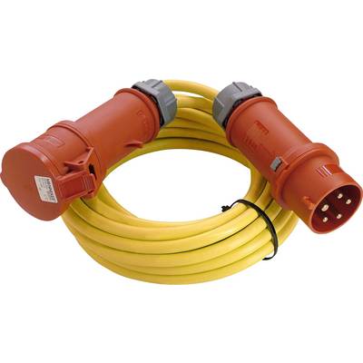 Yellow extension cable with two red, robust plugs with multiple pins, suitable for industrial applications.