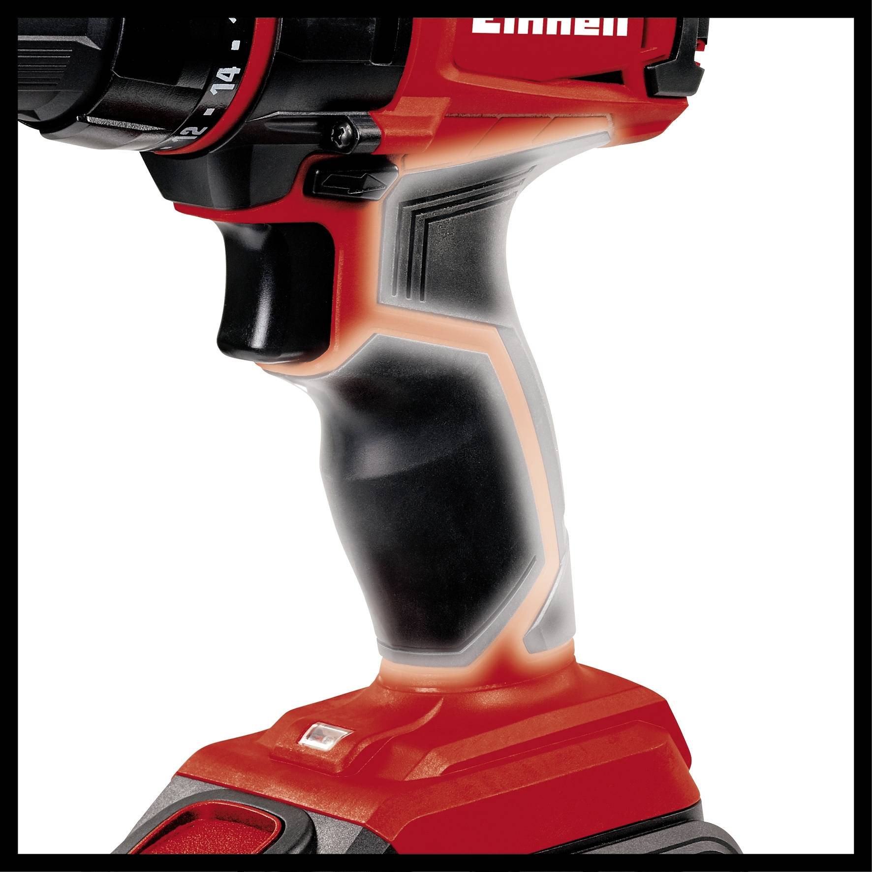 Cordless drill with ergonomic handle and illuminated markings.