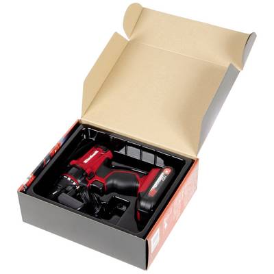 Cordless drill in an opened package, showing the red drill with battery. Ideal for DIY projects, compact and portable.