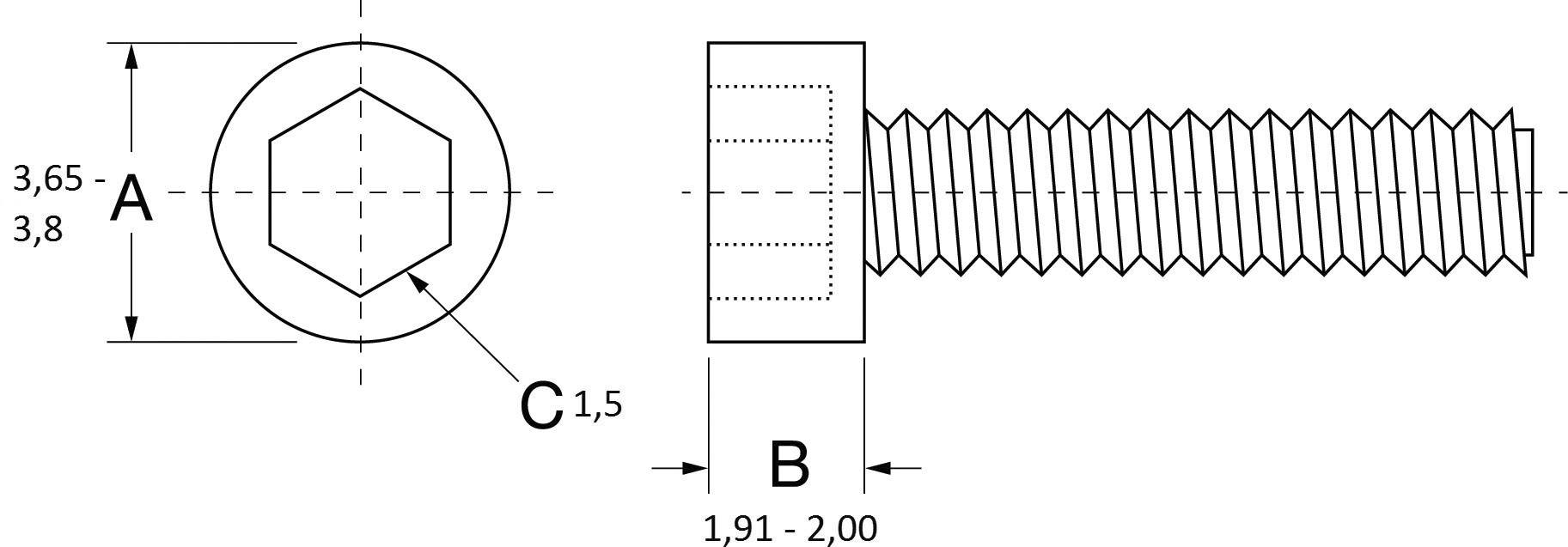 Technical drawing of a hexagon head screw. Dimensions: A 3.65-3.80, B 1.91-2.00, C 1.5. Side view and top view shown.