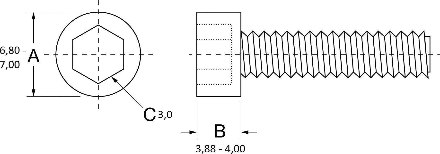 Technical drawing of a hexagon head screw. Dimensions: Diameter A 6.80-7.00 mm, Length B 3.88-4.00 mm, Hexagon C 3.0 mm.