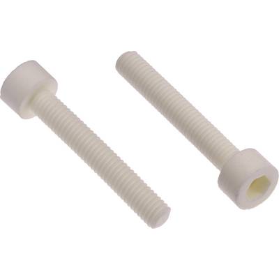 Two white plastic hexagon-headed screws with threads, lying side by side on a white background.