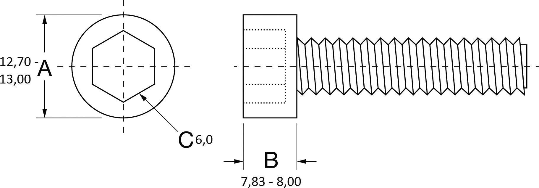 Technical drawing of an internal hexagon screw with dimensions: Head diameter 12.70-13.00 mm, Thread diameter 7.83-8.00 mm.