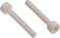 Two white plastic screws, one lying down, the other standing upright, with hexagonal heads and threading, on a light background.