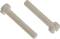 Two white plastic screws, one with a flat head, the other with a countersunk head and a slot, arranged horizontally side by side.