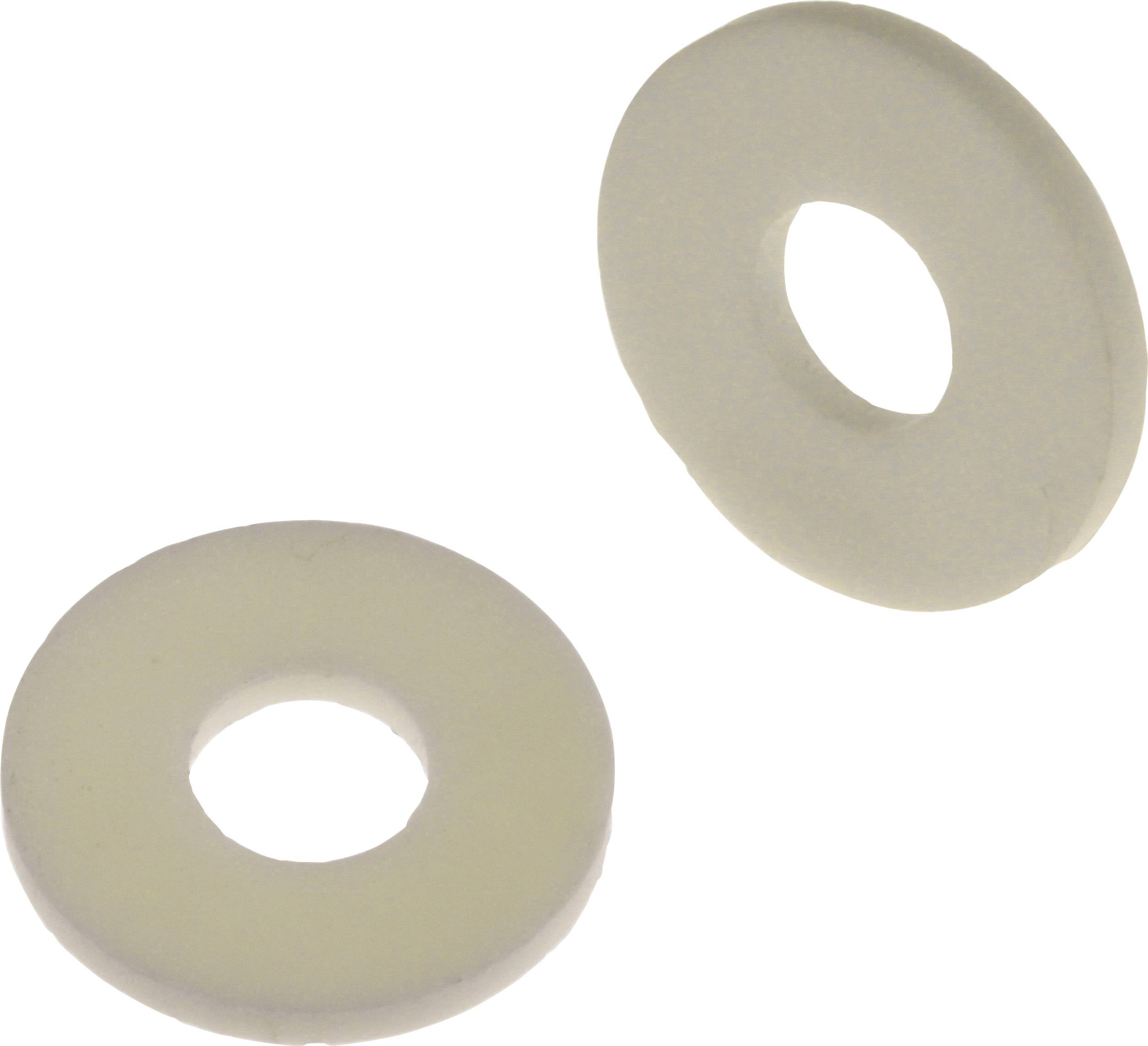 Two white plastic discs with central holes, visible on a white background, possibly used as seals or spacers.