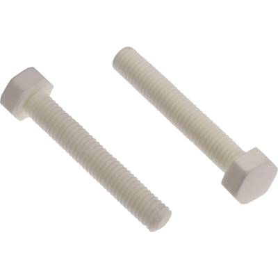 Two white plastic hex-head screws on a neutral background.