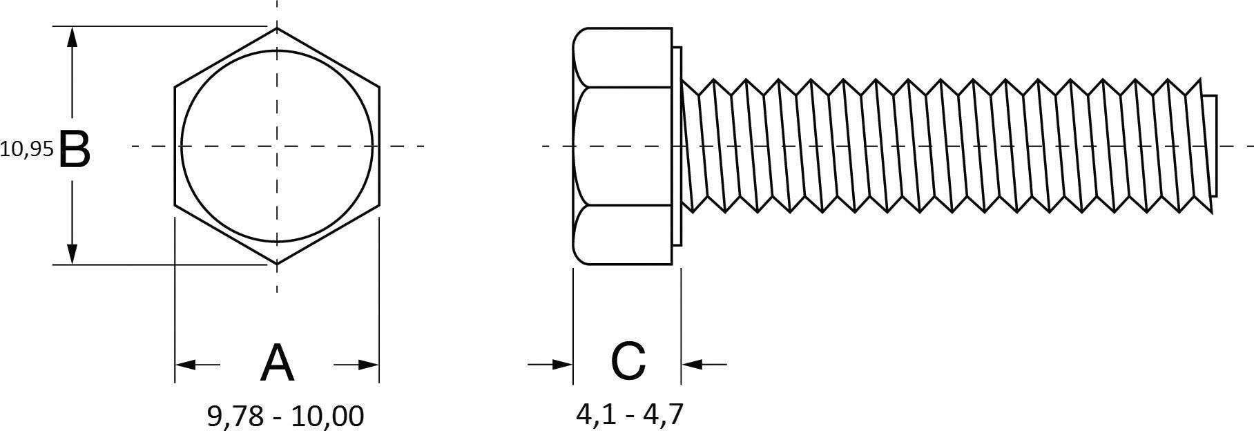 Technical drawing of a hexagon head screw. Dimensions: Head width (B) 10.95 mm, Width (A) 9.78-10.00 mm, Thread length (C) 4.1-4.7 mm.