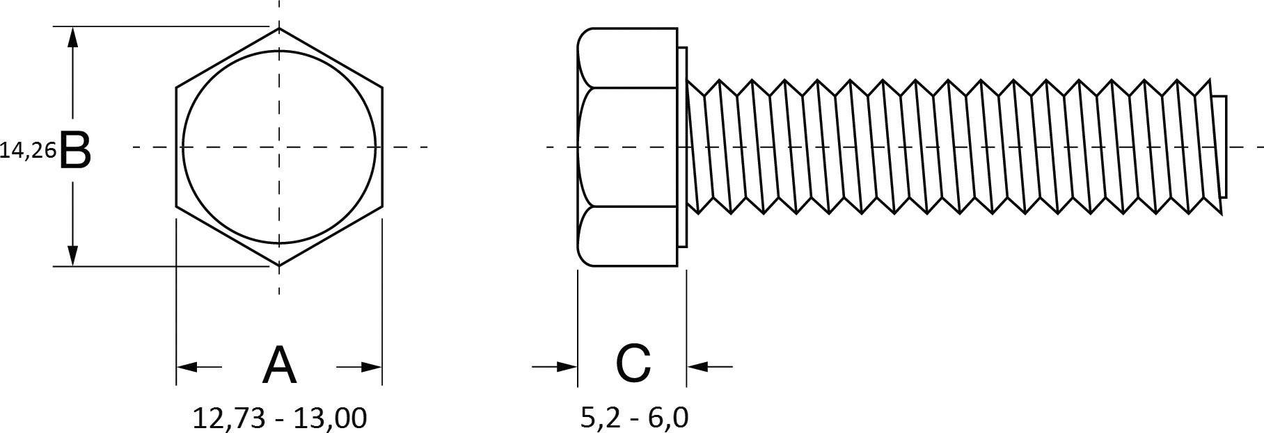 Technical drawing of a hexagon head screw. Dimensions: A = 12.73-13.00 mm, B = 14.26 mm, C = 5.2-6.0 mm.