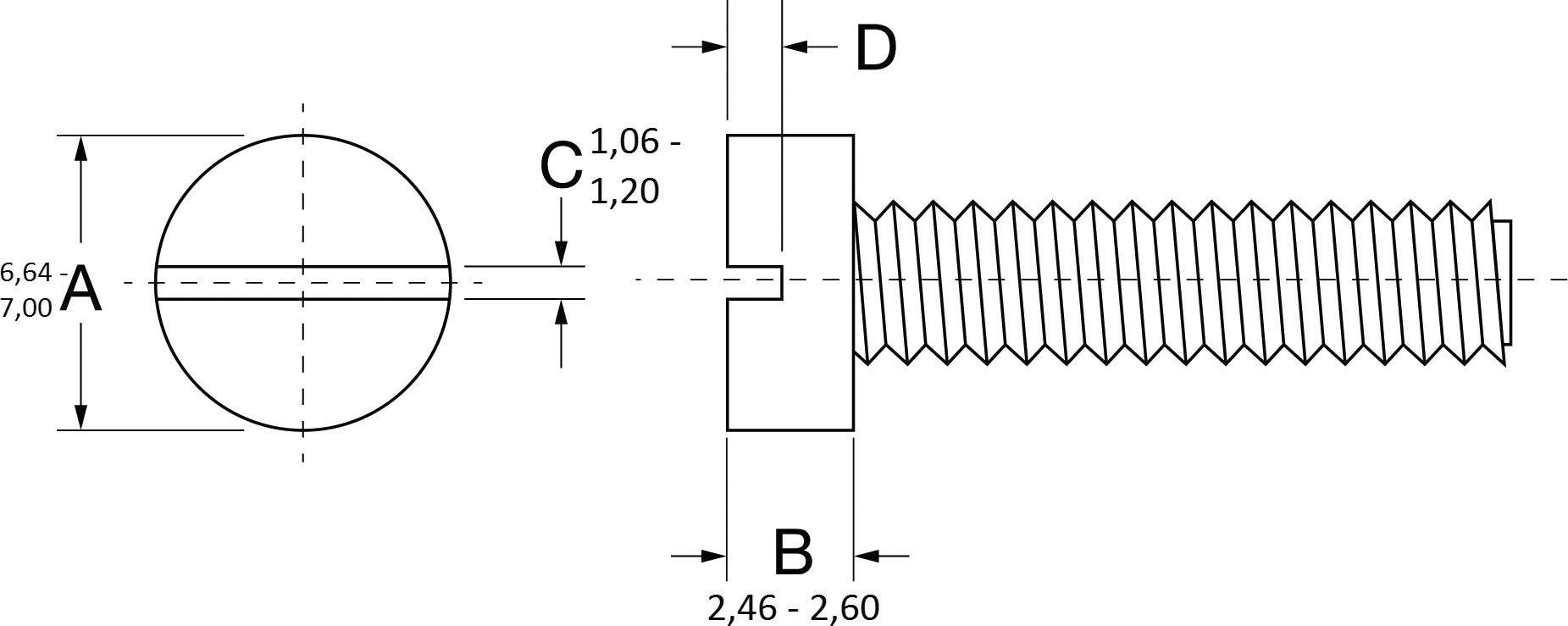 Technical drawing of a screw with dimensions: Head diameter (6.64 - 7.00 mm), Slot width (1.06 - 1.20 mm), Thread diameter (2.46 - 2.60 mm).