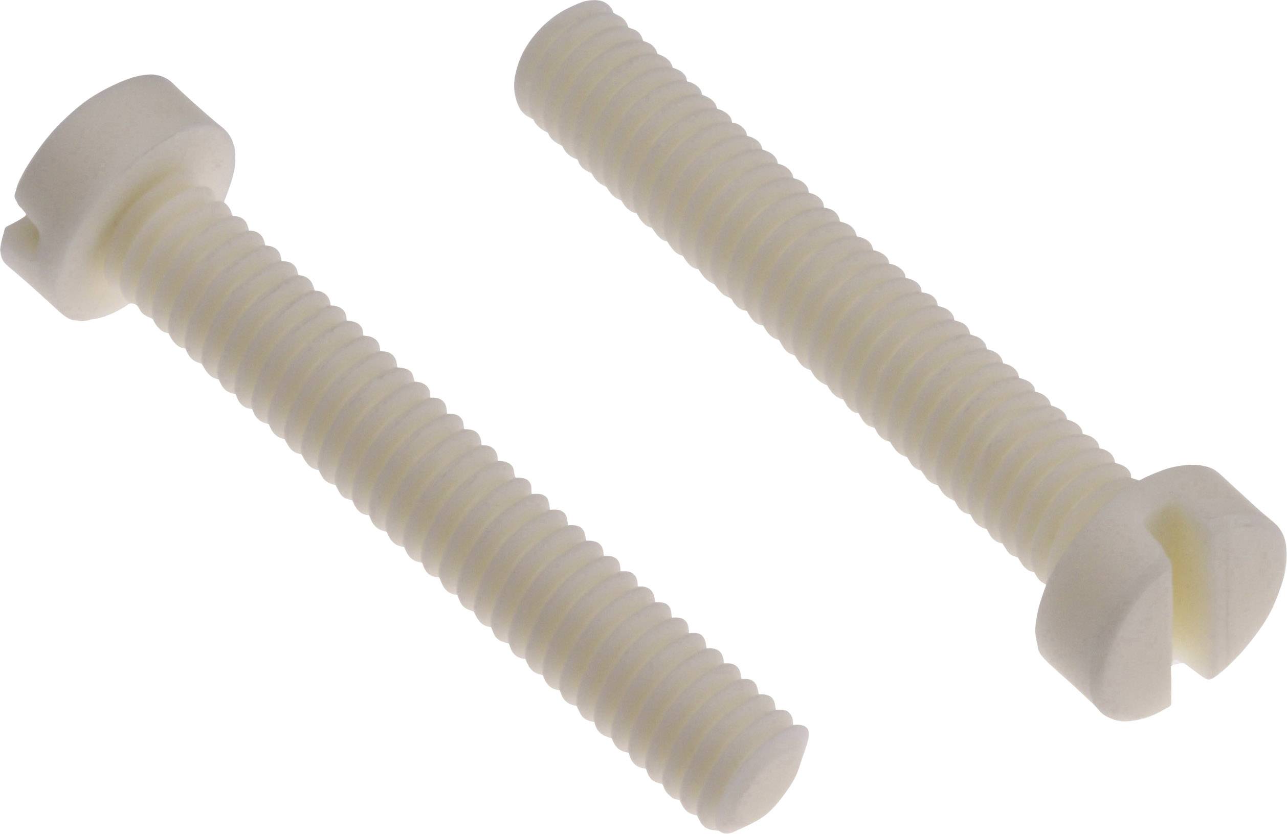 Two white plastic screws with slotted and cross-head on a light background, suitable for non-conductive applications.